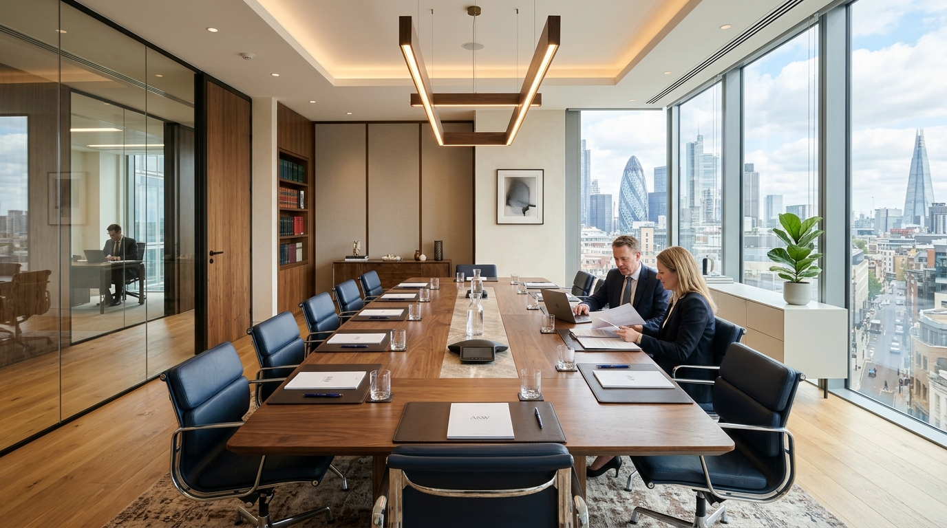 Prestigious law firm executive conference room overlooking city skyline