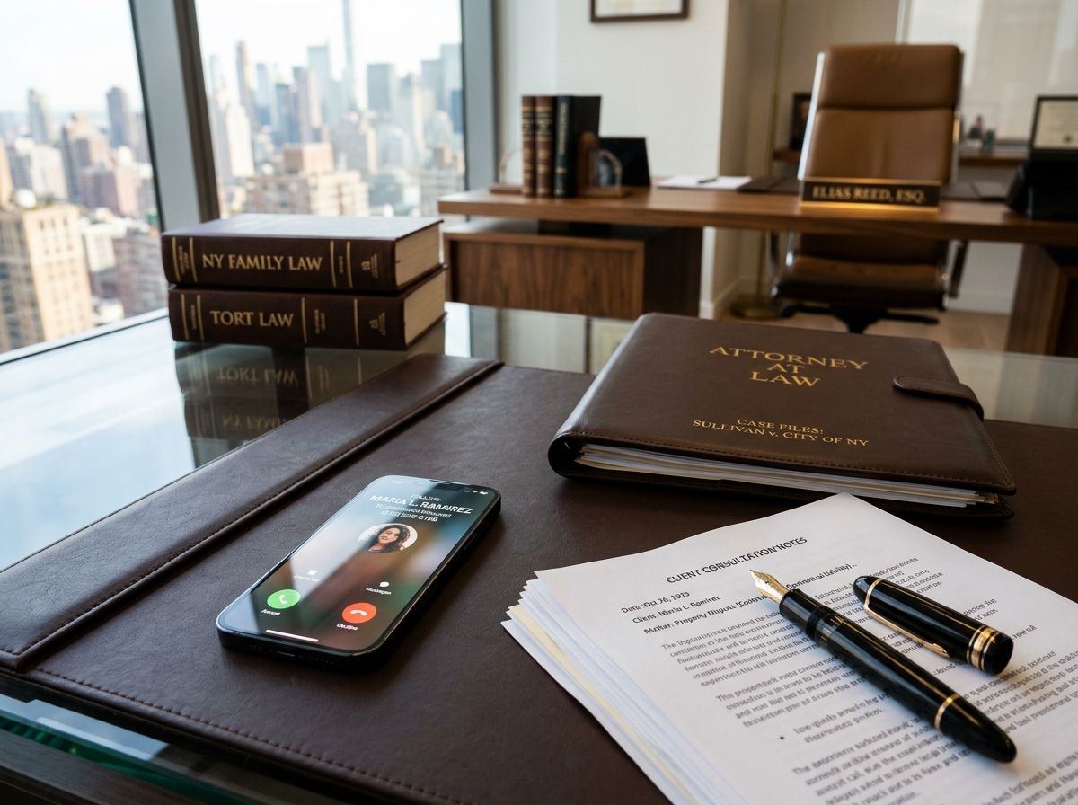 Incoming call ringing on an attorney's desk next to case files